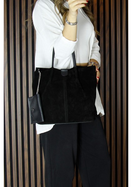 Siyah Hakiki Dana Süet Manyetik Kapaklı Iç Cepli Askılı Günlük Büyük Boy Omuz Çantası ve Cüzdanı modelleri