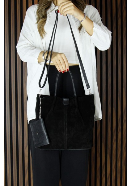 Siyah Hakiki Dana Süet Manyetik Kapaklı Iç Cepli Askılı Günlük Büyük Boy Omuz Çantası ve Cüzdanı fırsatları