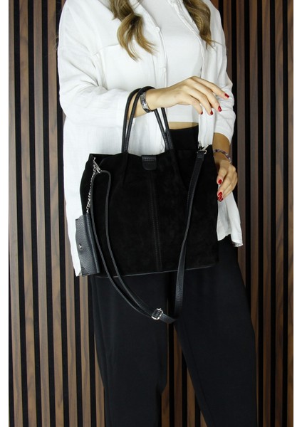 Siyah Hakiki Dana Süet Manyetik Kapaklı Iç Cepli Askılı Günlük Büyük Boy Omuz Çantası ve Cüzdanı indirimleri