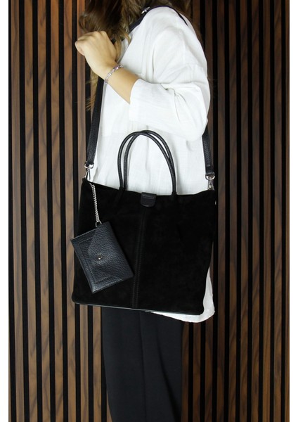 Siyah Hakiki Dana Süet Manyetik Kapaklı Iç Cepli Askılı Günlük Büyük Boy Omuz Çantası ve Cüzdanı