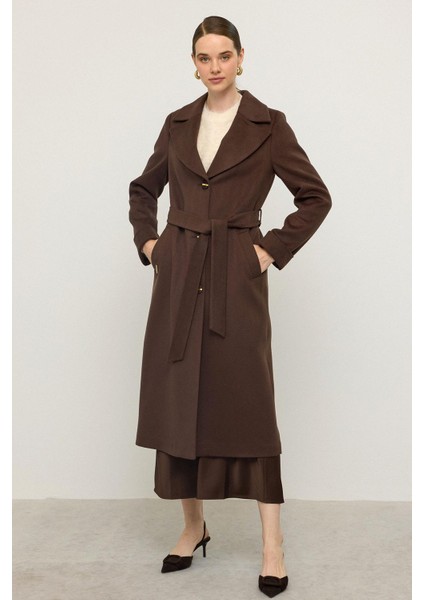 Balıksırtı Jakar Desenli Belden Bağlamalı Limited Edition Kaban Kahve 3136