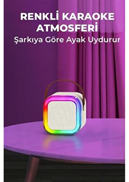 Karaoke Mikrofon ve Hoparlör Seti Bej Renkli Tasarım 9x9 cm Kolay Taşıma Özelliğiyle