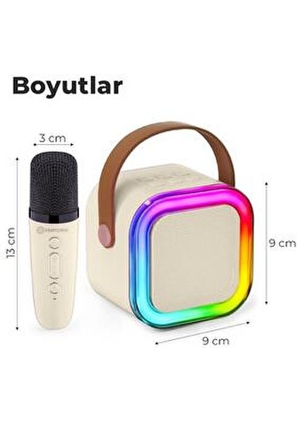 Karaoke Mikrofon ve Hoparlör Seti Bej Renkli Tasarım 9x9 cm Kolay Taşıma Özelliğiyle