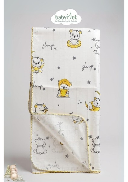 %100 Pamuk Müslin Bebek Battaniyesi 80x90 cm – Ayıcık Desenli, Yumuşak&Doğal