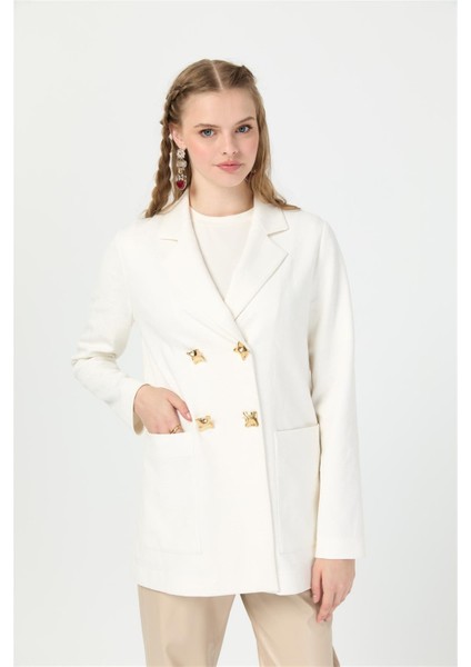 Kendinden Desenli Iri Düğmeli Ceket Ekru fiyatları