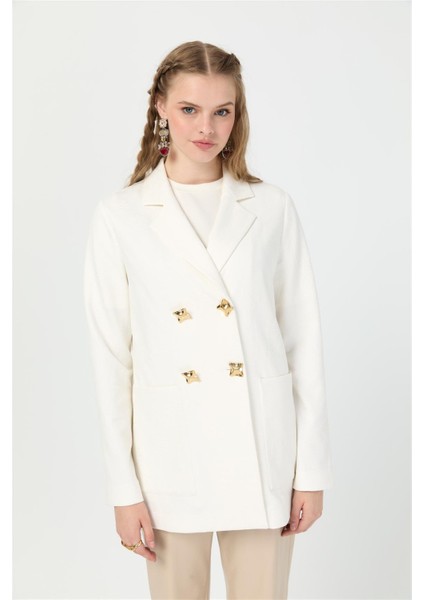 Kendinden Desenli Iri Düğmeli Ceket Ekru fırsatları
