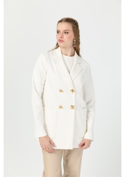 Kendinden Desenli Iri Düğmeli Ceket Ekru indirimleri