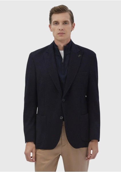 Lacivert Desenli Shirt Shoulder Slim Fit Yün Karışımlı Örme Ceket