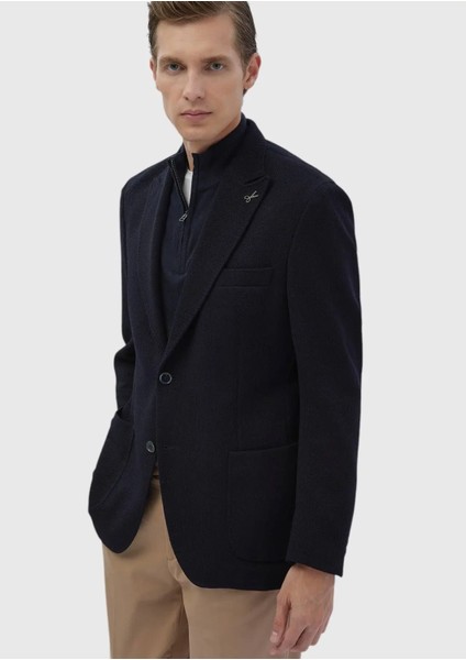 Lacivert Desenli Shirt Shoulder Slim Fit Yün Karışımlı Örme Ceket modelleri