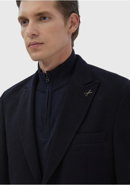 Lacivert Desenli Shirt Shoulder Slim Fit Yün Karışımlı Örme Ceket indirimleri