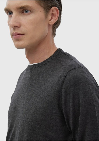 Antrasit Bisiklet Yaka Düz Örgü Yün Karışımlı Triko Kazak indirimleri