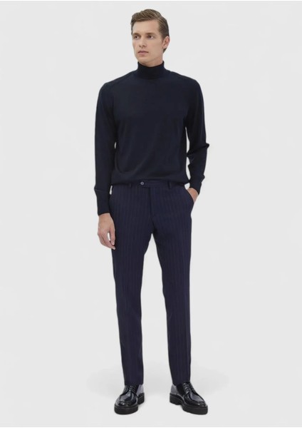 Lacivert Tam Balıkçı Yaka Düz Örgü Yün Karışımlı Triko Kazak fiyatları