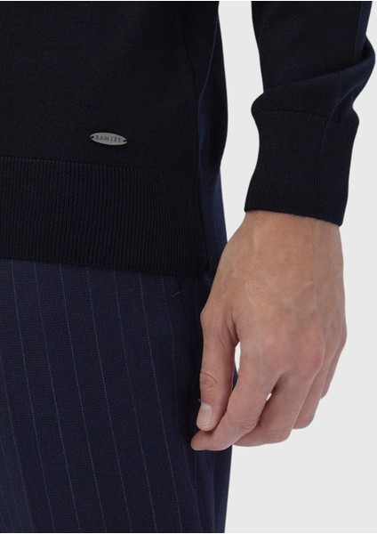 Lacivert Tam Balıkçı Yaka Düz Örgü Yün Karışımlı Triko Kazak indirimleri