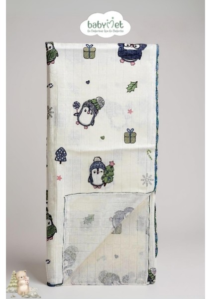 %100 Pamuk Penguen Desenli Müslin Bebek Battaniyesi 80x90 cm – Tek Kat, Yumuşak & Doğal