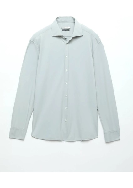 Gri Düz Regular Fit Dokuma Klasik Gömlek