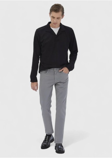 Gri Düz Dokuma Slim Fit Casual Pamuk Karışımlı Pantolon