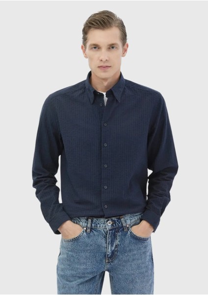 Lacivert Çizgili Casual Fit Dokuma Casual %100 Pamuk Gömlek