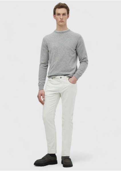 Ekru Düz Dokuma Slim Fit Casual Pamuk Karışımlı Pantolon