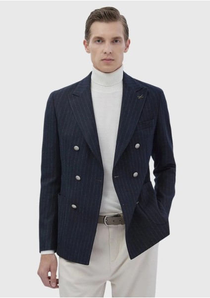 Lacivert Çizgili Shirt Shoulder Slim Fit Yün Karışımlı Ceket