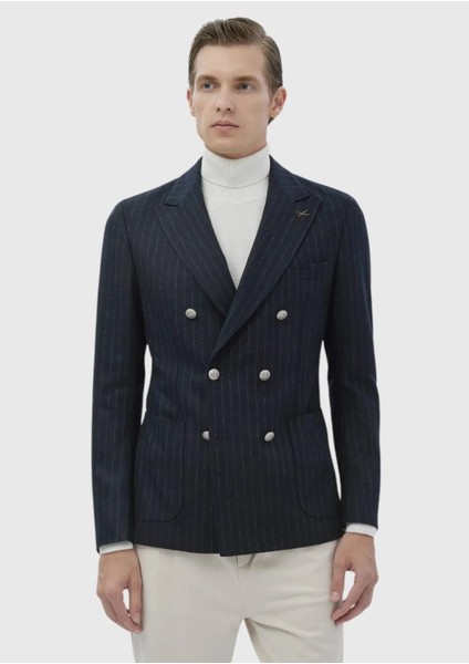 Lacivert Çizgili Shirt Shoulder Slim Fit Yün Karışımlı Ceket modelleri