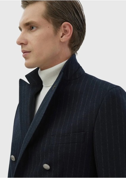 Lacivert Çizgili Shirt Shoulder Slim Fit Yün Karışımlı Ceket fırsatları