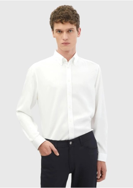 Beyaz Düz Casual Fit Dokuma Casual Gömlek
