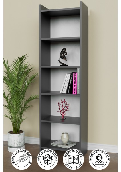 5 Raflı Beyaz Kitaplık Ofis Evrak Çok Amaçlı Kitaplığı Antrasit