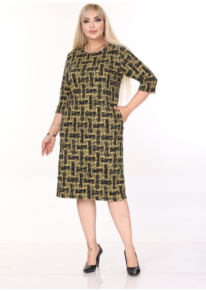 Çift Cepli Desenli Esnek Kışlık Büyük Beden Midi Elbise 45C-2704