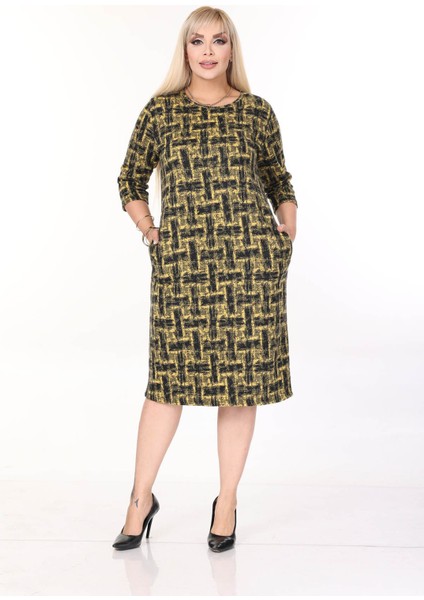 Çift Cepli Desenli Esnek Kışlık Büyük Beden Midi Elbise 45C-2704 fiyatları