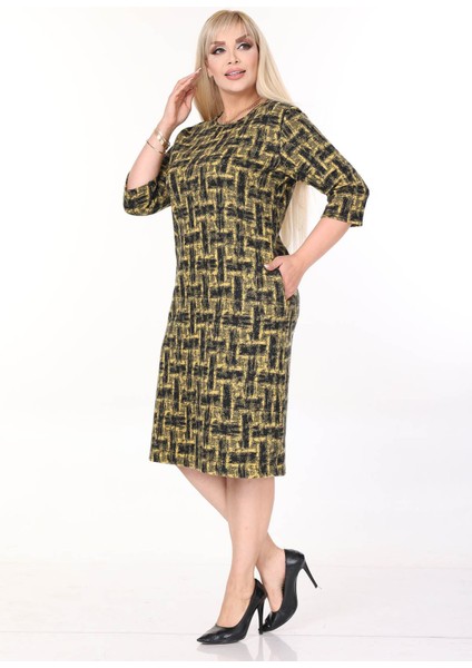 Çift Cepli Desenli Esnek Kışlık Büyük Beden Midi Elbise 45C-2704 modelleri