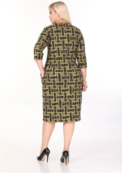 Çift Cepli Desenli Esnek Kışlık Büyük Beden Midi Elbise 45C-2704 indirimleri