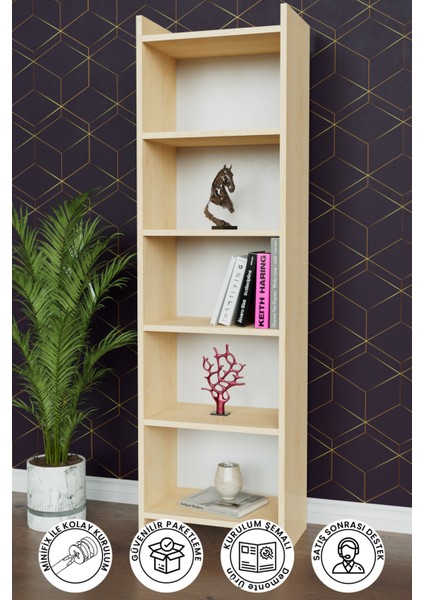 5 Raflı Beyaz Kitaplık Ofis Evrak Çok Amaçlı Kitaplığı Akçaağaç