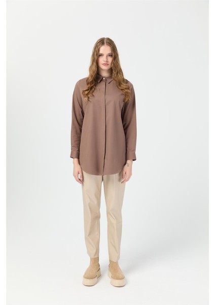 Milano Saten Arka Pileli Tunik Kahve
