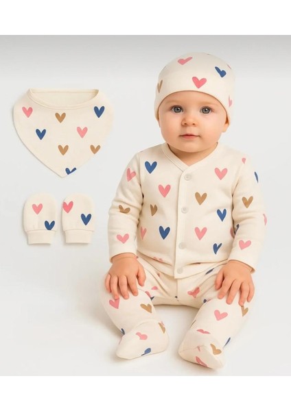 Kız Bebek Yeni Doğan Renkli Kalpli Krem 5'li Hastane Çıkış Seti