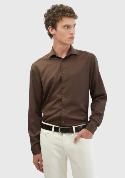 Kahverengi Düz Casual Fit Dokuma Casual Ipek Karışımlı Gömlek modelleri
