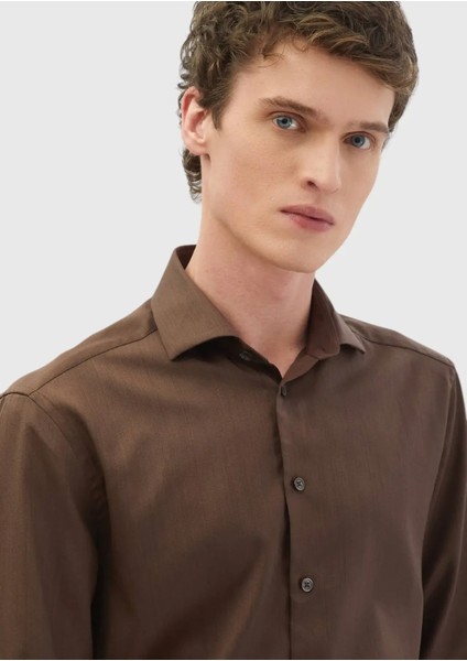 Kahverengi Düz Casual Fit Dokuma Casual Ipek Karışımlı Gömlek fırsatları
