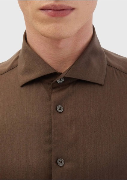 Kahverengi Düz Casual Fit Dokuma Casual Ipek Karışımlı Gömlek indirimleri