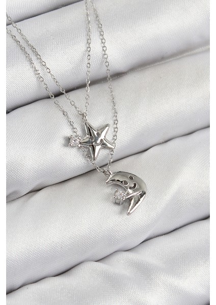 Pirinç Zirkon Taşlı Yıldız ve Ay Model Gümüş Renk Kadın Kolye