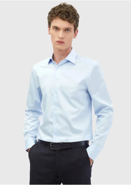 Koyu Mavi Düz Slim Fit Dokuma Klasik %100 Pamuk Gömlek