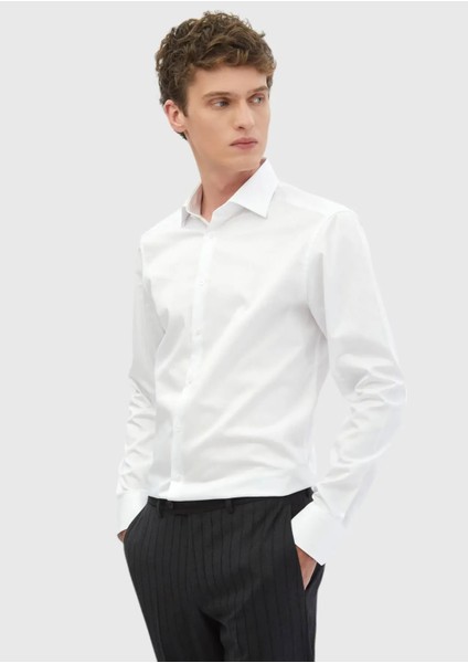 Beyaz Düz Slim Fit Dokuma Klasik %100 Pamuk Gömlek