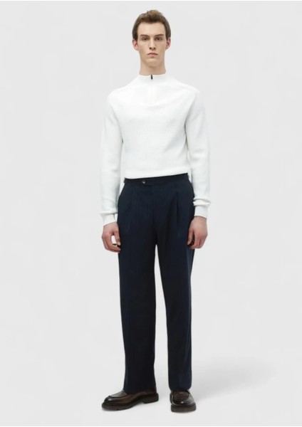 Lacivert Çizgili Dokuma Loose Fit Casual Pantolon