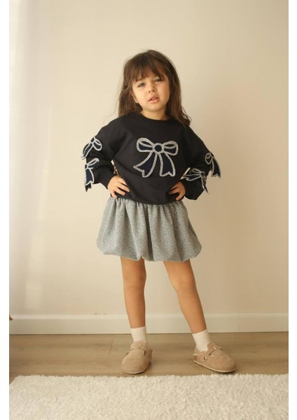 Kurdele Detaylı Kız Çocuk Etekli Takım