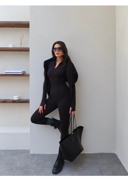 Siyah Şardonlu Fermuarlı Tulum