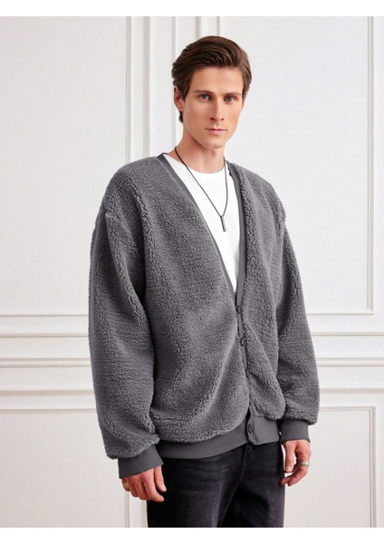 Gri/antrasit V Yaka Düğmeli Peluş Hırka