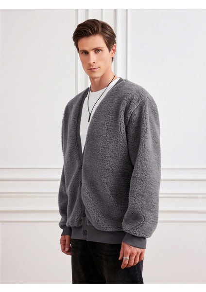 Gri/antrasit V Yaka Düğmeli Peluş Hırka fiyatları