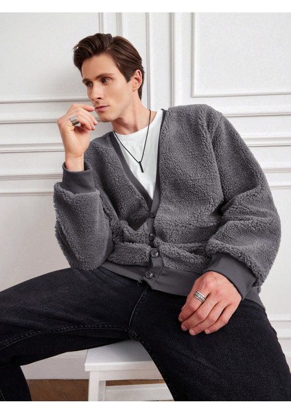 Gri/antrasit V Yaka Düğmeli Peluş Hırka modelleri