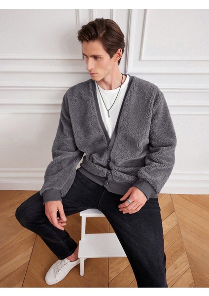 Gri/antrasit V Yaka Düğmeli Peluş Hırka fırsatları