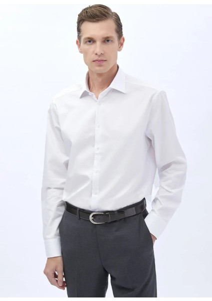 Beyaz Düz Regular Fit Dokuma Klasik %100 Pamuk Gömlek