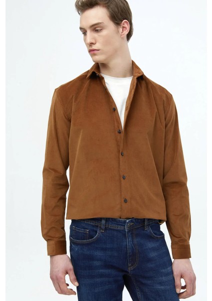 Kahverengi Düz Casual Fit Dokuma Kadife Casual %100 Pamuk Gömlek