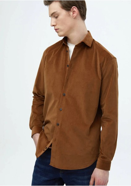 Kahverengi Düz Casual Fit Dokuma Kadife Casual %100 Pamuk Gömlek modelleri